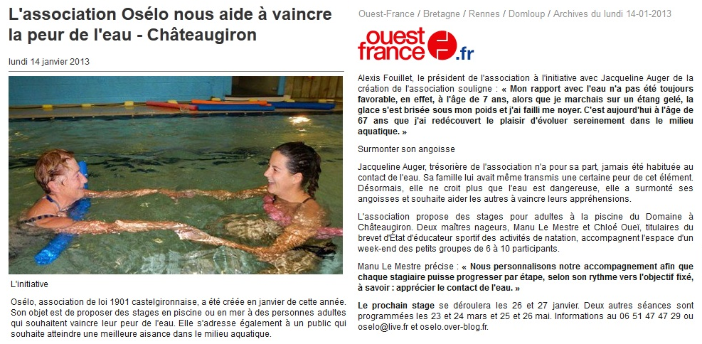    Article presse du 13 Janvier 2013 par Ouest France intitulé l'association osélo nous aide à vaincre la peur de l'eau