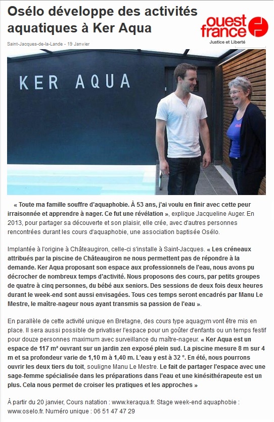 Article presse réalisé par ouest france en janvier 2015 intitulé osélo développe des activités aquatiques à Ker Aqua